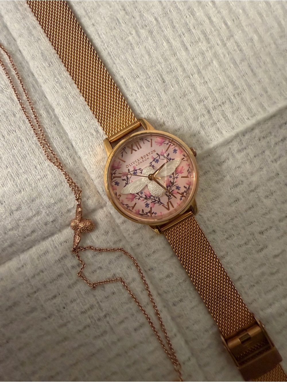 OLIVIA BURTON Rose Gold Floral Dragonfly Mesh Watch